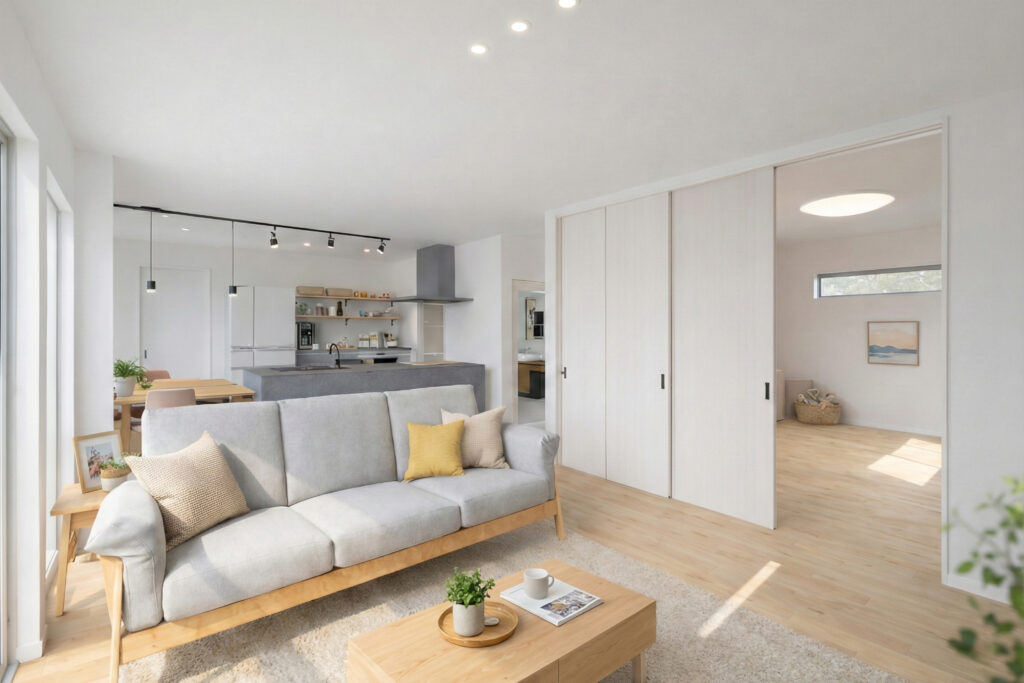 庭とつながる、45坪のゆとり平屋！完成内覧会｜リビングと隣接の洋室｜来場予約受付中｜イデキョウホーム