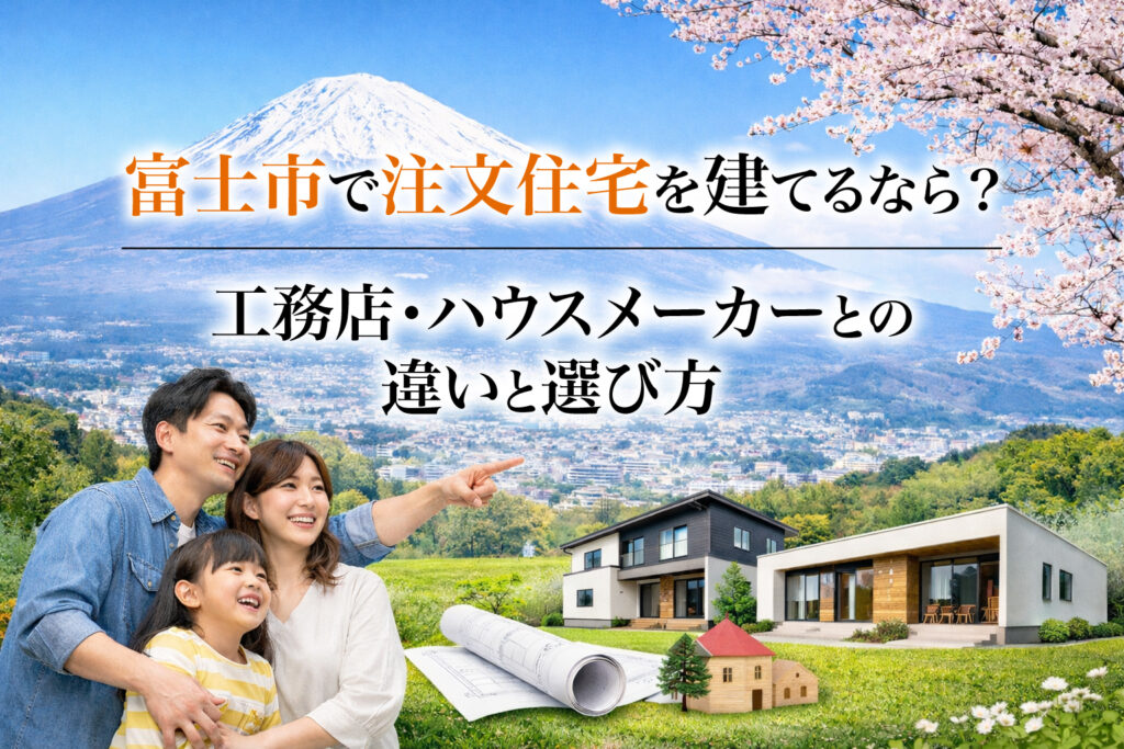 富士市で注文住宅を検討する家族と住宅イメージ（工務店・ハウスメーカー選び）