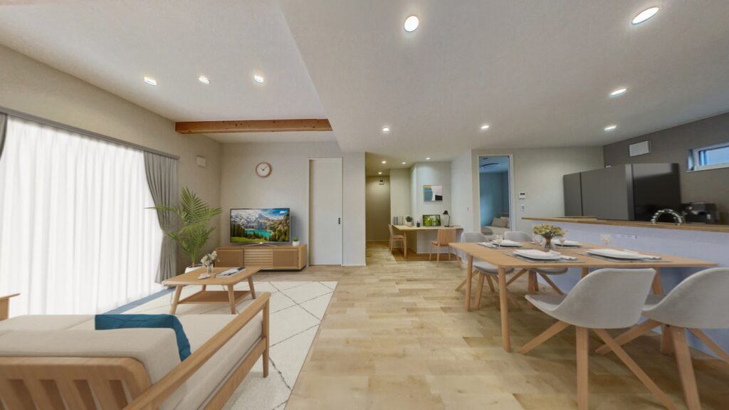 折り上げ天井と化粧梁を取り入れた平屋のLDK|イデキョウホーム